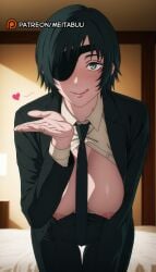 :q bed bedroom bent_over black_hair black_jacket black_necktie black_pants black_suit blue_eyes blush breasts breasts_out chainsaw_man collared_shirt dress_shirt eyepatch female formal green_eyes hanging_breasts heart himeno_(chainsaw_man) indoors jacket large_breasts leaning_forward licking_lips long_sleeves looking_at_viewer meitabuu necktie nipples no_bra on_bed one_eye_covered open_clothes open_shirt pant_suithimeno_(chainsaw_man) pants partially_unbuttoned shirt short_hair smile solo suit suit_jacket thigh_gap tongue tongue_out unbuttoned unbuttoned_shirt white_shirt