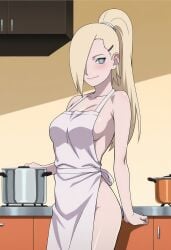 1girls ai_generated apron apron_only barely_clothed big_breasts blonde_hair blush boruto:_naruto_next_generations breasts child_bearing_hips cleavage facing_viewer female female_only highres hourglass_figure huge_breasts indoors ino_yamanaka kitchen looking_at_viewer mature mature_female milf mostly_nude naked_apron narugirlshot naruto naruto_(series) naughty naughty_face naughty_smile no_bra no_panties pinup ponytail smile solo thick_thighs thighs very_long_hair voluptuous white_apron white_skin wide_hips wife