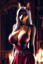 3d_render ai_generated ambient_candlelight anthro anthro_dog atmospheric_setting black_choker black_fur blue_gem bodice_lacing bookshelf_backdrop braided_hair breed_doberman busty_female candles_in_background canine_humanoid castle_setting centered_frame choker clean_lineart cleavage_window confident_smile corset_design curvy_body deep_cleavage digital_art doberman dog_head dog_tail dramatic_lighting elegant_fashion eyebrow_markings fantasy_attire fantasy_theme fashion_accessory female formal_wear gemstone_brooch gold_trimmed_dress gothic_fashion gothic_room gown heart_gem high_detail hourglass_figure humanoid_female jewelry_accessory large_breasts layered_necklaces long_hair luxury_clothing massive_breasts mature_female medieval medieval_clothing medieval_inspired medieval_outfit muzzle_markings narrowed_eyes necklace o_ring_choker ornate_clothing over_shoulder_braid pendant_lingerie pointed_ears portrait_orientation queen_energy red_curtains red_dress regal_pose romantic_lighting royal_aesthetic seductive_gaze seductive_pose short_fur side_part silver_hair single_braid slim_waist soft_shadows soft_smirk solo sorceress_vibe stylized_hair stylized_render tail_visible tan_markings toned_body upper_body upright_ears warm_palette white_hair