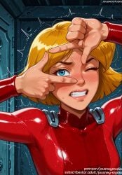 ai_generated bangs blonde_hair blue_eyes blush bodysuit breasts cartoon_network clenched_teeth clothing clover_(totally_spies) english_language english_text female female gloves indoors jousneystudio latex lips long_sleeves male one_eye_closed red_bodysuit short_hair skin_tight smile solo solo_focus spider-man_(series) superhero sweat sweatdrop teeth text totally_spies trembling upper_body v