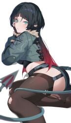 1girls absurdres animal_ears ass black_gloves black_pantyhose black_shorts black_thighhighs blunt_bangs chamaru5963 closed_mouth cowboy_shot female fingerless_gloves from_side gloves green_eyes green_hair green_jacket highres jacket jane_doe_(zenless_zone_zero) long_hair looking_at_viewer mouse_ears mouse_girl mouse_tail multicolored_hair nail_polish pantyhose red_hair red_nails shorts sidelocks simple_background single_leg_pantyhose single_thighhigh solo tail thighhighs thighs torn_clothes torn_pantyhose torn_thighhighs two-tone_hair white_background zenless_zone_zero