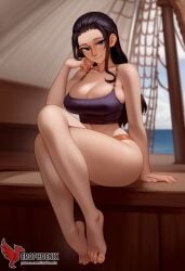 1girls 2d abs ai_generated ass big_ass big_breasts black_hair breasts cleavage erophoenix female female_focus full_body green_eyes long_hair looking_at_viewer navel nico_robin one_piece patreon_username solo solo_female thick thick_thighs uncensored