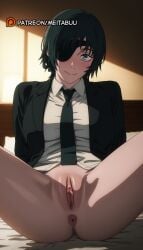 anus ass bed bed_sheet black_hair black_jacket black_necktie blush bottomless breasts chainsaw_man clitoris closed_mouth collared_shirt eyepatch female formal green_eyes himeno_(chainsaw_man) indoors jacket large_breasts looking_at_viewer meitabuu necktie on_bed open_clothes open_jacket pussy shirt short_hair sitting smile solo spread_legs suit suit_jacket thighs uncensored urethrahimeno_(chainsaw_man) white_shirt