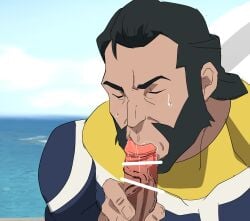 beard blowjob censored_penis closed_eyes daddy dilf fellatio gay invincible muscular muscular_male oral oral_sex t2wk the_immortal