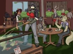 anger anthro anthro_futa anthro_futanari bear bear_girl black_bear black_fur erikuma_(boardmindless) erikuma_(oc) exhibitionism fish_tank furry futa_anthro futanari_anthro hentaixt hentaixt_(artist) holding_penis improvised_toilet lobster lobster_tank omorashi peeing public public_exposure public_indecency public_urination red_eyes red_lobster restrained surprised unzipped_pants urinating urinating_female urinating_futa urinating_futanari urinating_on_object urination urine waitress watersports yiff