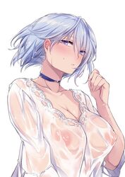 blue_eyes blue_hair blush breasts choker collarbone eyebrows_visible_through_hair eyelashes female highres large_breasts looking_at_viewer no_bra original see-through short_hair solo wet wet_clothes white_background wind yukibuster