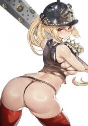absurdres armpit_crease ass ass_focus bare_shoulders baseball_bat black_gloves black_shirt blonde_hair blush breasts closed_mouth combat_helmet commentary crossed_bangs female from_behind gloves hair_between_eyes hat helmet highres holding holding_baseball_bat huge_ass long_hair looking_at_viewer looking_back luciana_de_montefio medium_breasts metal_baseball_bat midriff no_bra peaked_cap pickelhaube red_eyes red_thighhighs shirt side_ponytail simple_background skindentation sleeveless sleeveless_shirt solo teddypocky thick_thighs thighhighs thighs thong torn_clothes torn_shirt white_background zenless_zone_zero