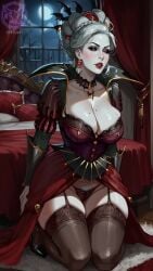 ai_generated bra cleavage clothing corset curvy curvy_figure dress female female_only hair_bun hairbun high_heels kneeling lace large_breasts lingerie long_hair makeup mature_female milf on_knees panties pubic_hair raiven red_sclera skindentation stockings thick_thighs vampire warhammer_(franchise) warhammer_fantasy white_hair wide_hips