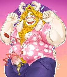 anthro asgore_dreemurr balls bara beard blush boner button_pop deltarune duckus5 erection facial_hair furry goat horns male male_only muscles muscular overweight penis penis_out popped_button solo solo_male tight_clothing undertale