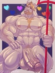 anthro asgore_dreemurr balls bara beard big_balls big_penis boner deltarune erection facial_hair furry goat horns inayurinko male male_only muscles muscular nude penis solo solo_male trident undertale