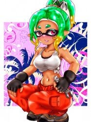 1girls bare_shoulders black_gloves blush breasts cleavage gloves green_hair inkling inkling_girl mazuo917 mechanic_(splatoon_raiders) navel nintendo orange_pants pants pink_eyes ponytail red_eyes shirt_tied_up splatoon splatoon_raiders squatting tank_top tentacle_hair two_tone_hair white_tank_top wrench