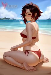 1girls 2d ai_generated ass back barefoot beach big_ass big_breasts bikini black_bikini day erophoenix feet female gradient_hair looking_at_viewer looking_back multicoloured_hair nipple_slip nipples outdoors pale_skinned_female patreon_username red_hair ruby_rose rwby short_hair sitting sky smile soles solo swimsuit two-tone_hair umbrella uncensored
