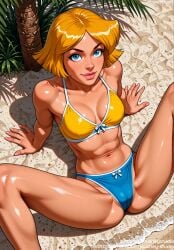 abs ai_generated bangs bare_shoulders barefoot beach bikini blonde_hair blue_bikini blue_eyes blue_swimsuit blush bra breasts cameltoe cartoon_network clavicle cleavage clothing clover_(totally_spies) day feet female female female_only jousneystudio large_breasts leaning_back legs lips looking_at_viewer lying medium_breasts midriff muscle muscular_female navel original outdoors palm_tree parted_lips sand shiny_skin short_hair sitting smile solo spread_legs stomach swimsuit tanlines tanned thick_thighs thighs toned totally_spies tree underwear water