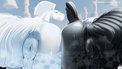 absurd_res animal_genitalia anus ass ass_to_ass balls big_anus big_butt bishop_(chess) black_body bodily_fluids chess chess_board chess_piece cloud duo equid equine equine_anus equine_genitalia equine_tail feral genitals hi_res horse knight_(chess) looking_at_another male mammal manahallowhound mohawk narrowed_eyes perineum presenting presenting_hindquarters puffy_anus raised_tail rear_view reflection reflective_ass reflective_body sky sweat tail white_body