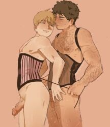 2boys arataka_reigen corset cum cum_drip hairy_chest hairy_male katsuya_serizawa male male_only mob_psycho_100 nsfws18plus penis penis_in_ass