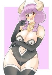 alternate_breast_size arm_under_breasts aura_(sousou_no_frieren) curvy embarrassed exposed_navel finger_on_face full-face_blush huge_breasts leotard nervous plump sousou_no_frieren sweatdrop thighhighs toyishiki_shizuoka voluptuous