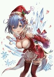 1girls 77gl blue_eyes blue_hair christmas christmas_outfit female female_only re:zero_kara_hajimeru_isekai_seikatsu rem_(re:zero) short_hair solo