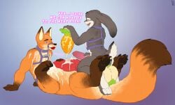 anthro balls buttplug canid canine dildo disney duo erection fox genitals harness hi_res jude_hopps lagomorph leporid lube male male/male mammal mot nick_wilde paws plug_(sex_toy) rabbit sex_toy taur zootopia