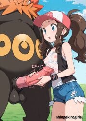 ai_generated anime blue_eyes brown_hair emboar handjob hilda_(pokemon) pokemon pokemon_(species) pokemon_on_female pokephilia shingekinogirls