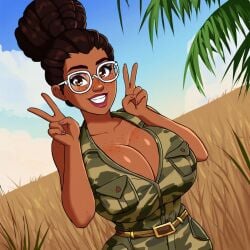 1girls ai_generated arcane big_breasts big_breasts breasts breasts brown_hair brown_skin cleavage double_peace_sign double_v double_v_sign female female female_focus female_only glasses happy huge_boobs huge_breasts large_boobs large_breasts league_of_legends looking_at_viewer outdoors outside savanna short_hair sky_young smile solo solo_female solo_focus standing v