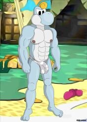 anthro balls beach ciel-wolf clothing dinosaur feet footwear genitals male mario_bros muscular muscular_anthro muscular_male nintendo nipples outside paper_mario paper_mario:_the_thousand_year_door penis prehistoric_species reptile scalie shoes solo the_great_gonzales_jr underwear white_body white_yoshi yoshi