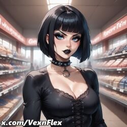 ai_generated bangs black_hair black_lips blue_eyes blunt_bangs bob_cut breasts cleavage collar collarbone convenience_store english_text eyeshadow female gothic hi_res high_resolution indoors lace lace_trim lipstick looking_at_viewer makeup mascara medium_breasts meme shirt shop short_hair solo spiked_collar upper_body vexnflex watermark