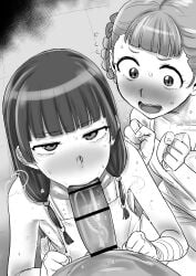 1boy 2girls :>= absurdres bandaged_wrist bandages bar_censor bare_shoulders blunt_bangs blush censored commentary_request erection fellatio female flying_sweatdrops freckles greyscale highres kaiman_garupan kusuriya_no_hitorigoto looking_at_viewer male maomao_(kusuriya_no_hitorigoto) medium_hair monochrome multiple_girls oral penis pov pov_crotch sleeveless straight sweat xiaolan_(kusuriya_no_hitorigoto)