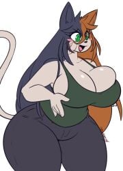 2025 anthro big_breasts black_body black_bottomwear black_clothing black_hair black_pants blush blush_stickers bottomwear breasts calico_cat catgirl cleavage cleavage_overflow clothed clothed_anthro clothed_female clothing cute_fang dewwydarts dewwydartz domestic_cat felid feline felis female fortnite furry green_clothing green_eyes green_topwear hair hair_between_eyes huge_breasts mammal meow_skulls meow_skulls_(fortnite) mia_(dewwydarts) mia_(dewwydartz) multicolored_body multicolored_hair open_mouth orange_body orange_hair pants plain_background simple_background skindentation solo tagme tail tank_top thick_thighs topwear two_tone_hair white_background white_body wide_hips
