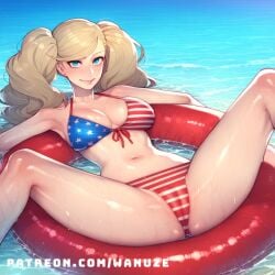 ai_generated american_flag american_flag_bikini ann_takamaki beach big_ass big_breasts big_butt big_thighs blonde_hair blue_eyes blush cameltoe huge_ass huge_butt huge_thighs innertube lying medium_breasts persona persona_5 spread_legs takamaki_anne twintails wanuze wide_hips