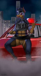 anthro big_breasts breasts canine car clothed clothing doberman female fog legwear mammal micro_tong night:patrol photoshop pinup police pose stockings thespicypaprika vehicle