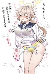 absurdres blue_archive blue_sailor_collar blush brown_hair cardigan closed_eyes covered_nipples cum cum_in_clothes cum_in_panties feet_out_of_frame female halo hifumi_(blue_archive) highres long_hair long_sleeves open_mouth panties sailor_collar simple_background solo standing translation_request twintails underwear white_background white_cardigan yellow_halo yellow_panties zea_lark