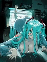 1girls ass_focus ass_up barefoot big_ass big_breasts black_nail_polish black_nails blue_hair crawling crossover dark_room duplicate feet feet_up female green_eyes hatsune_miku nail_polish night on_floor one_foot_raised snegovski soles the_ring toes tv yamamura_sadako