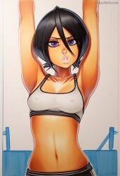 2025 ai_generated armpits arms_up artist_name black_hair breasts crazyfishbones female kuchiki_rukia midriff navel short_hair solo sports_bra