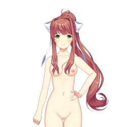 1girls breasts brown_hair completely_nude doki_doki_literature_club edit eroeiyuu green_eyes long_hair medium_breasts monika_(doki_doki_literature_club) naked naked_female nipples nude nude_edit nude_female nude_filter ponytail pussy shaved_pussy solo solo_female vagina