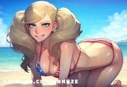 ai_generated all_fours american_flag american_flag_bikini ann_takamaki beach big_ass big_breasts big_butt big_thighs blonde_hair blue_eyes blush huge_ass huge_butt huge_thighs medium_breasts persona persona_5 takamaki_anne twintails wanuze wide_hips