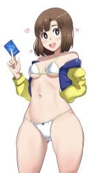 1girls :d arm_behind_back belly_button bikini brown_eyebrows brown_eyes brown_eyes_female brown_hair brown_hair_female card cleft_of_venus collarbone digimon digimon_liberator eyebrows eyelashes female female_only gluteal_fold heart heart_reaction holding_card kinosaki_arisa medium_breasts micro_bikini panties sweatdrop teenager thighs upper_teeth_only white_background white_bikini white_panties