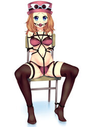 ball_gag blue_eyes bondage bound bound_ankles bound_arms bound_to_chair chair chair_bondage chairtied female femsub gag gagged glasses hat human human_only lingerie looking_at_viewer panties pink_bra pokemon pokemon_xy red_ball_gag serena_(pokemon) solo thighhighs tied tied_to_chair tied_up top_hat