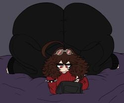 ass barefoot bent_over bubble_ass bubble_butt drawing drawing_tablet female fizzybiscuits goth_girl gothic jack-o_pose mean_look on_bed thick_thighs upset