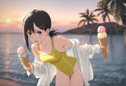 1girls ai_generated chainsaw_man higashiyama_kobeni ice_cream lambda_delta one-piece_swimsuit solo swimsuit yellow_one-piece_swimsuit