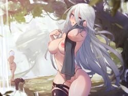 bare_belly bare_shoulders belly_button big_breasts black_nails blue_eyes blush body_blush breasts completely_nude long_hair mitsu_art nail_polish nier:_automata nier_(series) nipples nude outdoors parted_lips pussy shiny_skin silver_hair thigh_strap thighs towel unworn_clothes wide_hips yorha_2b yorha_a2