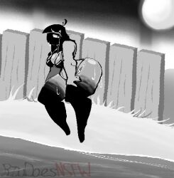 1_eye amelia_(riudianami) ass background beach big_ass big_breasts big_thighs bikini black_and_white black_bikini black_legs breasts faceless faceless_character faceless_female female monochrome oiled_body oiled_breasts oiled_skin riudianami self_upload unknown_species water watermark