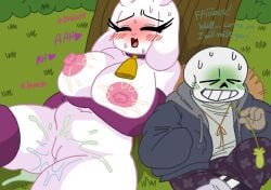 1boy 1girls areolae belly big_breasts blush breasts chubby cum cum_in_pussy cum_inside curvy farm_sans farmtale female large_breasts looking_pleasured male mammal mature mature_female milf milk milking nipples oral oral_sex orgasm orgasm_face pussy pussy_juice sans size_difference sperm toriel tree trembling vagina