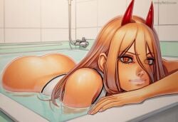2025 ai_generated artist_name ass blonde_hair breasts chainsaw_man crazyfishbones female horns long_hair looking_at_viewer lying on_stomach power_(chainsaw_man) solo