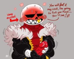 1boy big_penis blush bone clothing dick erect_penis erection fur_jacket humanoid lilievilla male male_only penis red_penis sans seductive skeleton smile teeth underfell vein