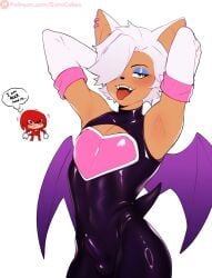 anthro armpits arms_up bat bat_wings bulge_through_clothing earrings eyeshadow fanart femboy genderbent genderswap_(ftm) gomi-cake hands_behind_head knuckles_the_echidna latex looking_at_viewer makeup male male_only male_rouge rouge_the_bat rule_63 short_hair sonic_(series) sonic_adventure_2 tan_skin tongue_out white_hair yaoi