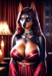 3d_render ai_generated anthro anthro_dog aristocratic_female belt_detail black_fur breed_doberman brown_eyebrow_markings busty_female candles_in_background canine_humanoid center_part chest_emphasis choker cinematic_style classy_female confident_smile curled_hair curtain_backdrop curvy_body cyan_eyes deep_cleavage digital_art doberman elegant_expression evening_gown fashion_accessory female female_focus flowing_fabric formal_wear full_body glamour_theme gold_choker gold_necklace gold_trim high_class_setting hourglass_figure humanoid_female indoor_lighting jewelry large_breasts layered_necklaces long_red_hair long_tail luxurious_lighting luxury_clothing mature_female medieval medieval_clothing muzzle_markings noble_style pendant_necklace pointed_ears portrait_orientation realistic_shading red_dress regal_pose seductive_gaze sensual_pose short_fur soft_background soft_glow soft_smirk solo strapless_dress stylized_hair stylized_render tan_markings toned_body ultra_detailed upper_body_focus upright_ears voluminous_hair warm_ambience
