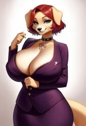 2d ai_generated anthro anthro_dog black_choker black_nails blazer_bust_lift bob_cut breast_shadow business_attire business_theme busty_female canine_humanoid canine_tail cel_shading choker classy_female clean_lineart cleavage_window collar confident_smile cream_fur curled_hair curvy_body cyan_eyes deep_cleavage digital_art dog_tail dominant_energy elegant_pose eyeliner eyeshadow fashion_accessory female flirty_expression floppy_ears formal_clothing frontal_pose full_body glamour_female gold_buttons golden_retriever gradient_background hair_bangs hand_gesture hourglass_figure humanoid_female jewelry jewelry_emphasis lace_bra large_breasts light_fur massive_breasts matching_skirt mature_female ornate_jewelry painted_nails pendant pendant_necklace portrait_view purple_blazer purple_suit raised_eyebrow raised_hand red_hair seductive_expression seductive_pose short_fur short_hair soft_background solo standing_pose studio_background stylized_hair suit_skirt symmetrical_pose tail_visible thick_body tight_blazer tight_skirt unbuttoned_blazer visible_bra wide_hips yellow_fur