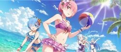 4girls aqua_(konosuba) armpit_crease armpits arms_up ball bare_arms bare_legs bare_shoulders beach beachball bikini bikini_ribbon bikini_skirt black_one-piece_swimsuit blue_bikini blue_eyes blue_hair blue_sky blunt_bangs bow bow_bikini bracelet braid breasts casual_one-piece_swimsuit cleavage closed_eyes cloud cloudy_sky collarbone crossover crown_braid day elf emilia_(re:zero) flower frilled_bikini frilled_thigh_strap frills from_below game_cg grey_hair groin hair_flower hair_ornament hair_over_one_eye hair_ribbon hair_rings hand_on_own_hip hibiscus highres holding holding_ball holding_beachball jewelry kono_subarashii_sekai_ni_shukufuku_wo! large_breasts leaning_forward long_hair looking_at_another looking_back maid_headdress medium_breasts multiple_girls navel necklace ocean official_alternate_costume official_art one-piece_swimsuit open_mouth orange_flower outdoors palm_tree parted_bangs pink_bikini pink_bow pink_flower pink_hair pink_ribbon pointy_ears purple_ribbon ram_(re:zero) re:zero_kara_hajimeru_isekai_seikatsu red_eyes red_flower rem_(re:zero) ribbon sarong shell shell_necklace short_hair siblings side-tie_skirt sidelocks single_hair_ring sisters sky small_breasts splashing standing stomach sun sunlight swimsuit thigh_strap tree twins wading water white_flower white_sarong wrist_cuffs x_hair_ornament