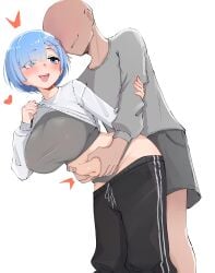 1boy absurdres babywipes belly_grab black_pants blue_eyes blush breasts clothes_lift clothes_pull commentary commission contemporary english_commentary faceless faceless_male female grabbing_another's_stomach grey_panties grey_sports_bra hair_ornament hair_over_one_eye heart highres large_breasts long_sleeves naughty_face navel panties pants pants_pull plump re:zero_kara_hajimeru_isekai_seikatsu rem_(re:zero) shirt shirt_lift short_hair simple_background sports_bra straight tongue tongue_out track_pants tyrzul underwear white_background white_shirt x_hair_ornament