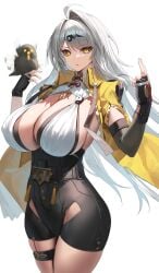1girls absurdres ahoge bird black_gloves breasts cowboy_shot female gloves grey_hair hands_up highres huge_breasts jacket large_breasts long_hair looking_at_viewer mole mole_on_breast parted_lips sideboob simple_background solo thigh_strap thighs white_background yamanokami_eaka yellow_eyes yellow_jacket yixuan_(zenless_zone_zero) zenless_zone_zero